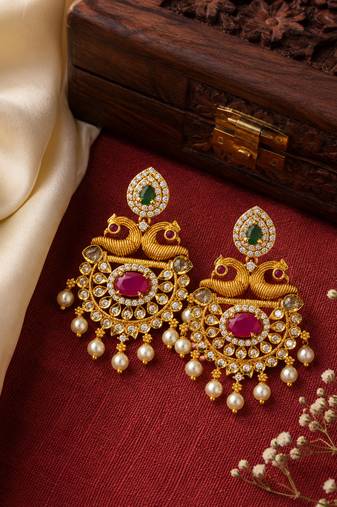 South indian gold plated peacock chandbali earrings with ruby, green stone & pearls
