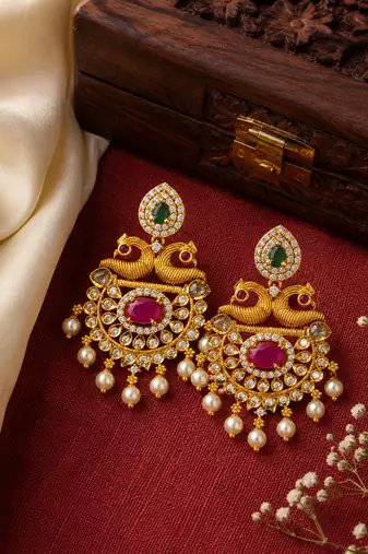 South indian gold plated peacock chandbali earrings with ruby, green stone & pearls