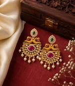 South indian gold plated peacock chandbali earrings with ruby, green stone & pearls