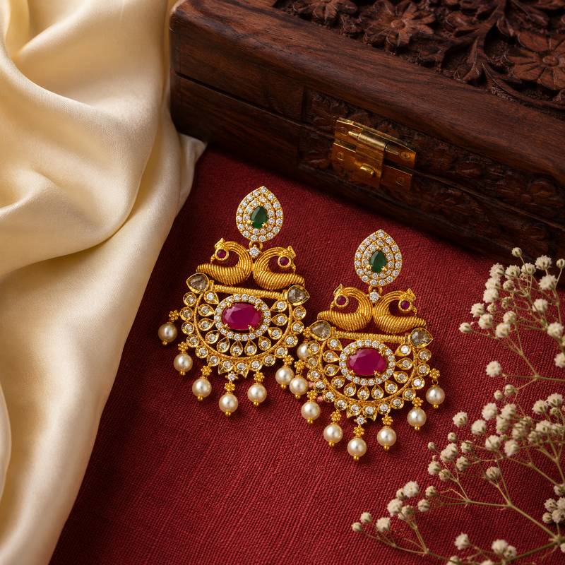 South indian gold plated peacock chandbali earrings with ruby, green stone & pearls