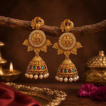 South indian gold plated ram parivar peacock jhumka earrings with ruby, green stones & pearls 1