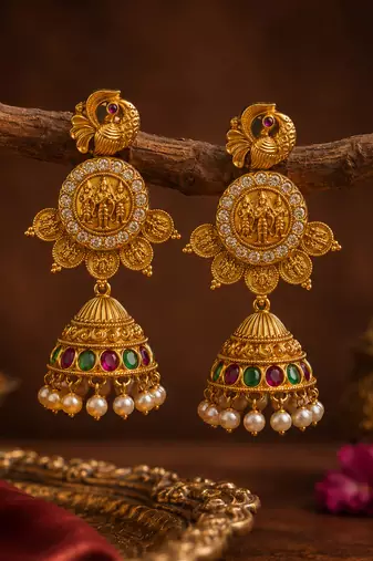 South indian gold plated ram parivar peacock jhumka earrings with ruby, green stones & pearls