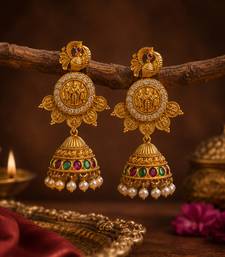 South indian gold plated ram parivar peacock jhumka earrings with ruby, green stones & pearls