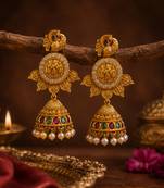 South indian gold plated ram parivar peacock jhumka earrings with ruby, green stones & pearls