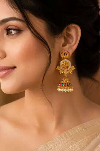 South indian gold plated ram parivar peacock jhumka earrings with ruby, green stones & pearls