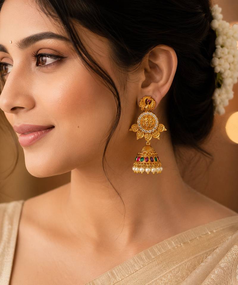 South indian gold plated ram parivar peacock jhumka earrings with ruby, green stones & pearls