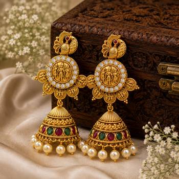 South indian gold plated ram parivar peacock jhumka earrings with ruby, green stones & pearls 3