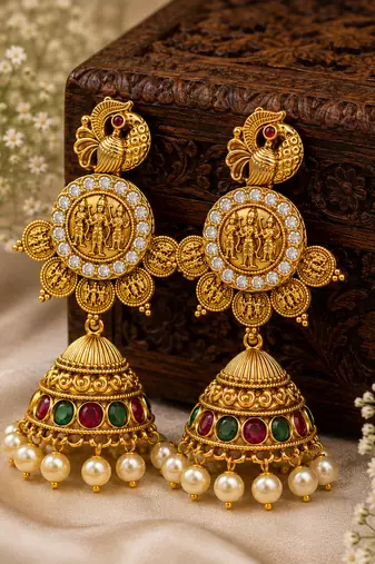 South indian gold plated ram parivar peacock jhumka earrings with ruby, green stones & pearls