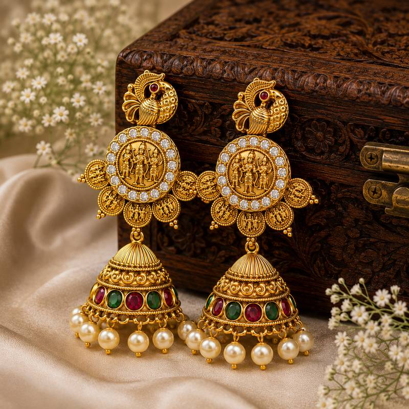 South indian gold plated ram parivar peacock jhumka earrings with ruby, green stones & pearls