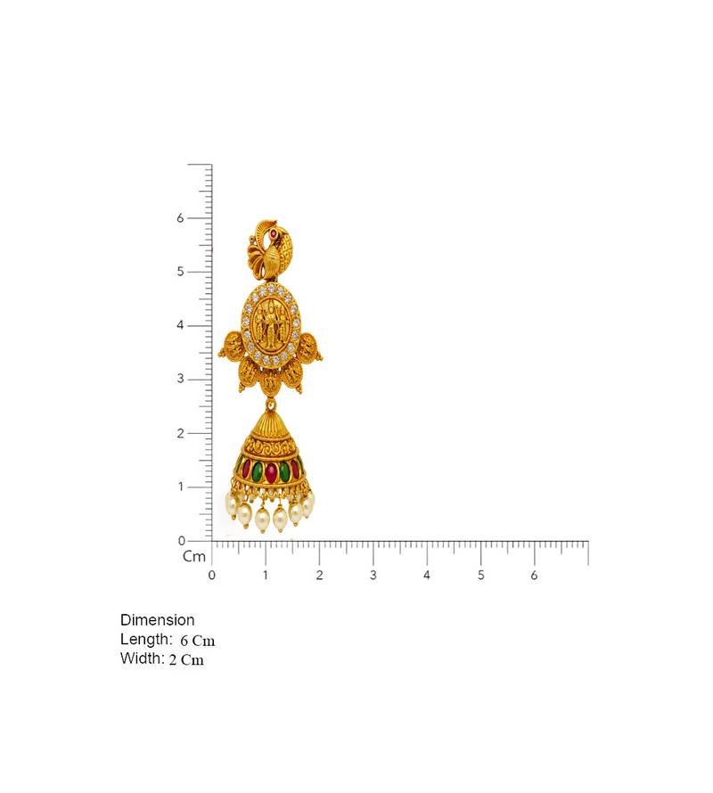 South indian gold plated ram parivar peacock jhumka earrings with ruby, green stones & pearls