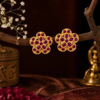 South indian gold plated floral kemp stone stud earrings for women 1