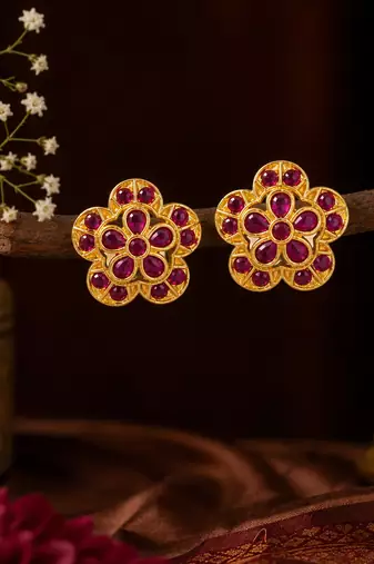 South indian gold plated floral kemp stone stud earrings for women