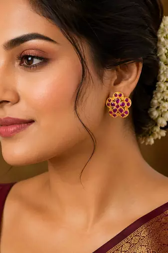 South indian gold plated floral kemp stone stud earrings for women