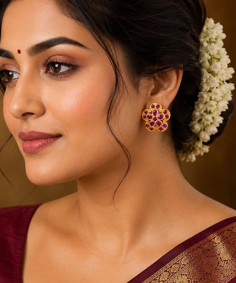 South indian gold plated floral kemp stone stud earrings for women