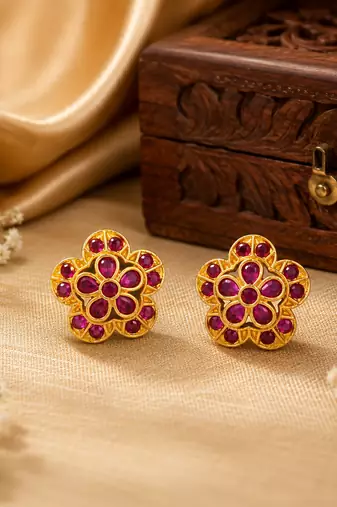 South indian gold plated floral kemp stone stud earrings for women