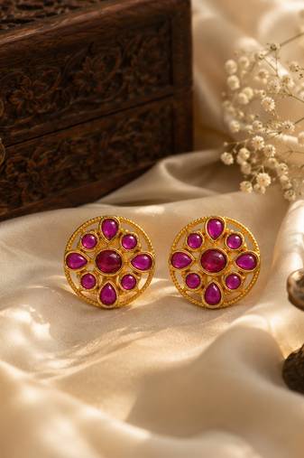 South indian gold plated round floral kemp stone stud earrings for women