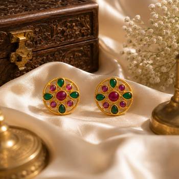 South indian gold plated round floral kemp stone stud earrings for women 2