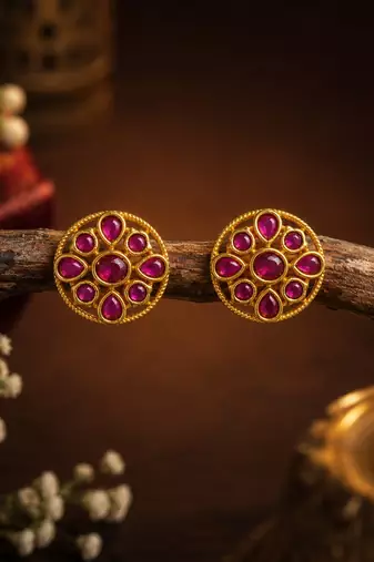 South indian gold plated round floral kemp stone stud earrings for women