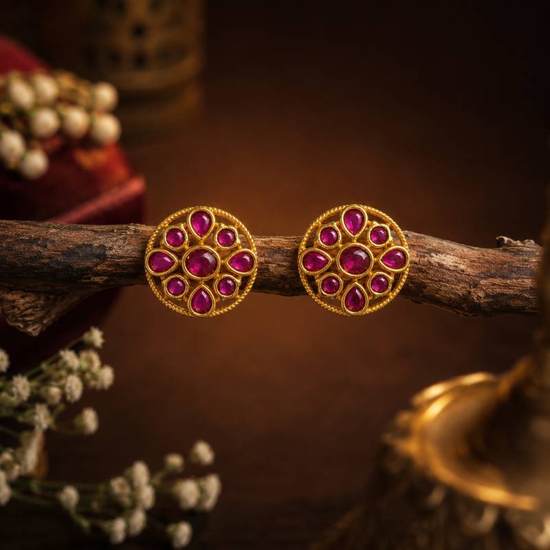 South indian gold plated round floral kemp stone stud earrings for women