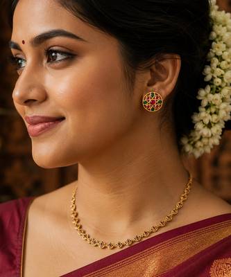 South indian gold plated floral stud earrings with pink & green kemp stones 1