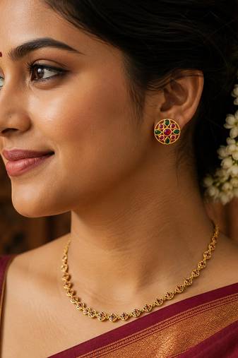 South indian gold plated floral stud earrings with pink & green kemp stones