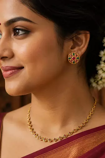 South indian gold plated floral stud earrings with pink & green kemp stones