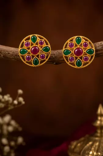 South indian gold plated floral stud earrings with pink & green kemp stones