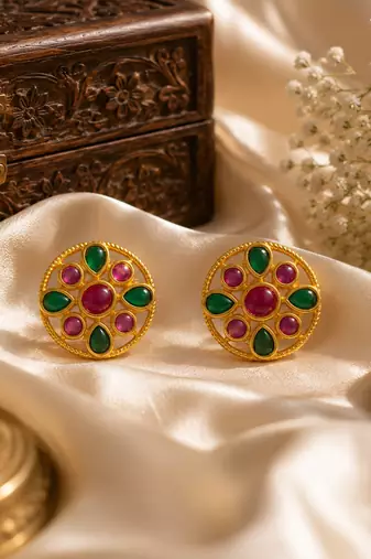 South indian gold plated floral stud earrings with pink & green kemp stones