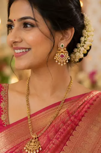 South indian gold plated peacock chandbali earrings with ruby, green stone & pearls