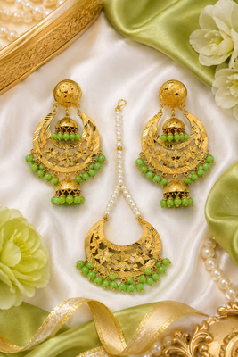 Parrot Green Beaded Gold Earring Tikka Set 1