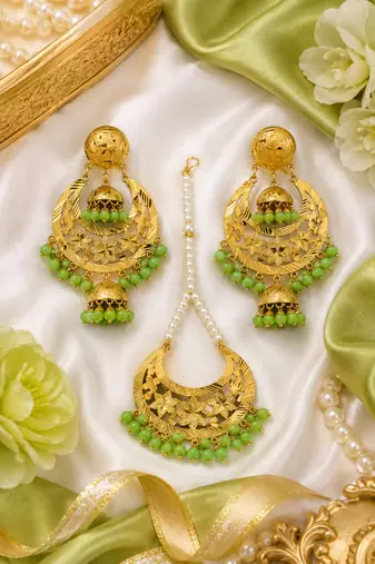 Parrot Green Beaded Gold Earring Tikka Set