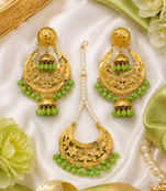 Parrot Green Beaded Gold Earring Tikka Set