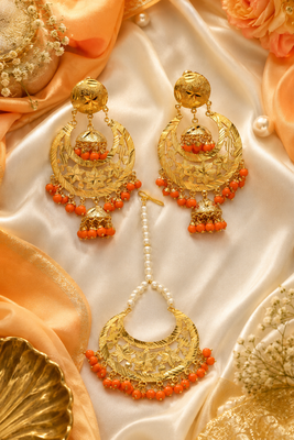 Orange beaded gold earring tikka set 1