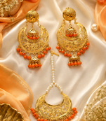 Orange beaded gold earring tikka set