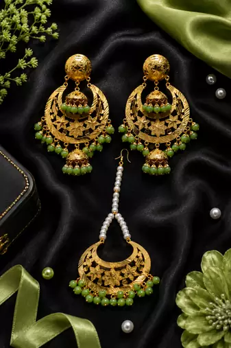 Parrot Green Beaded Gold Earring Tikka Set