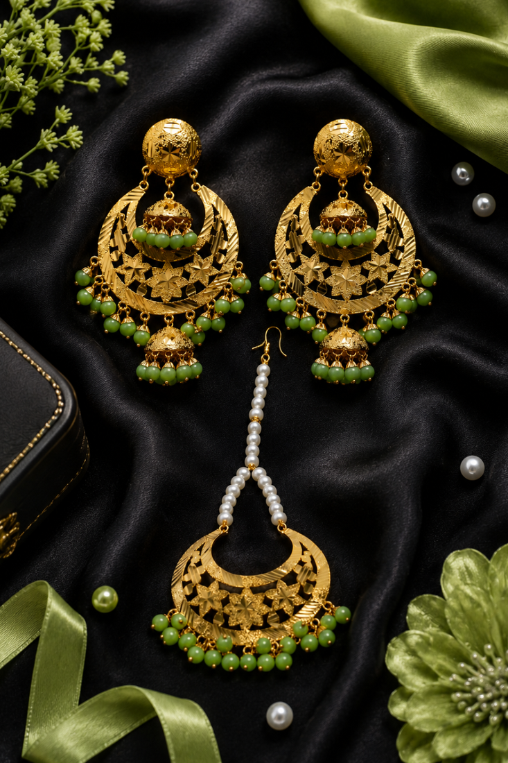 Parrot Green Beaded Gold Earring Tikka Set