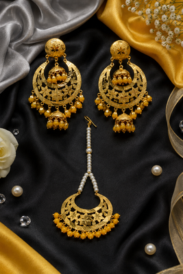 Yellow beaded gold earring tikka set 2