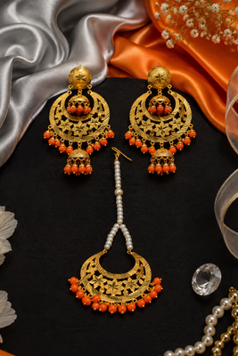 Orange beaded gold earring tikka set 2