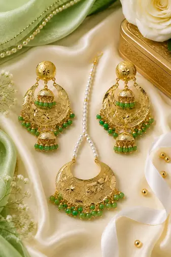 Parrot Green Beaded Gold Earring Tikka Set