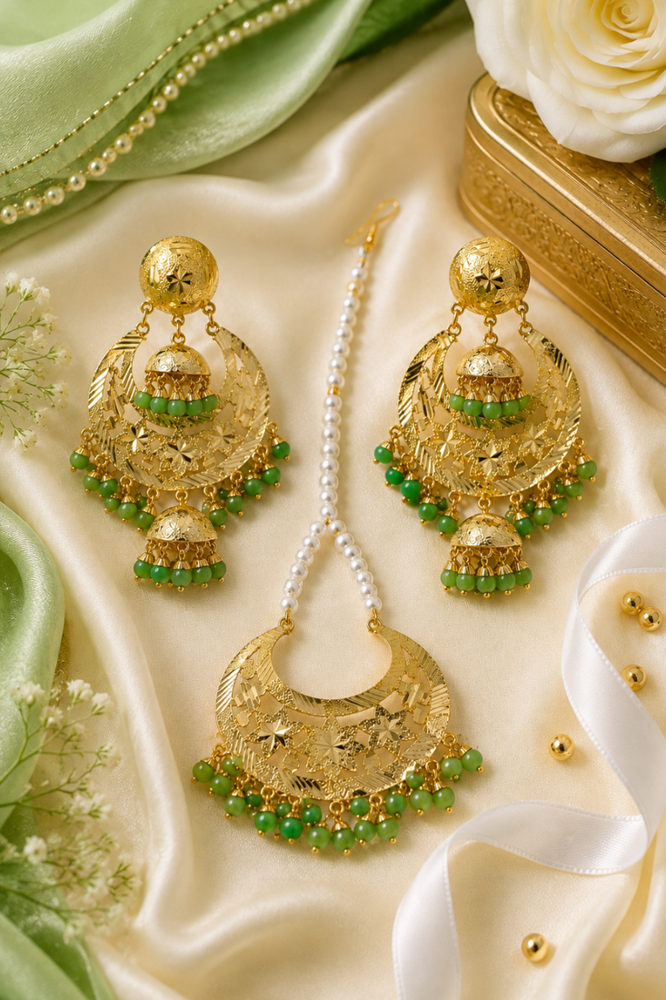 Parrot Green Beaded Gold Earring Tikka Set