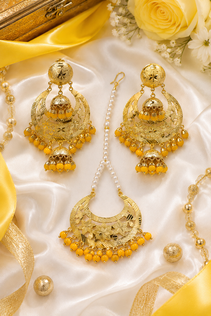 Yellow beaded gold earring tikka set
