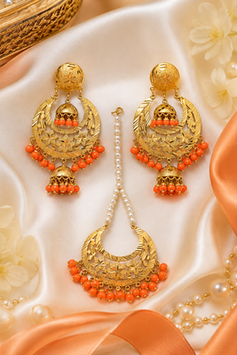 Orange beaded gold earring tikka set 3