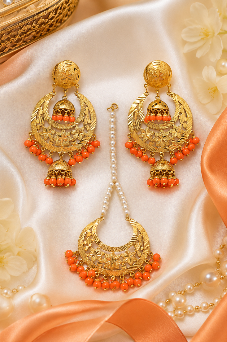Orange beaded gold earring tikka set