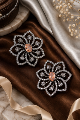 Black Silver Finish Champagne Floral Earrings 1