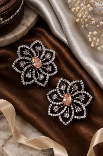 Black Silver Finish Champagne Floral Earrings