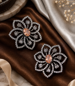 Black Silver Finish Champagne Floral Earrings