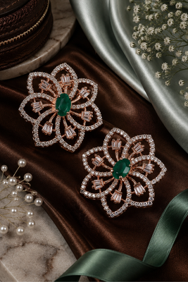 Rose gold finish emerald floral earrings 1