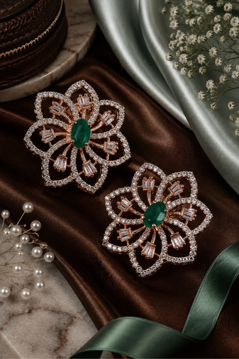 Rose gold finish emerald floral earrings