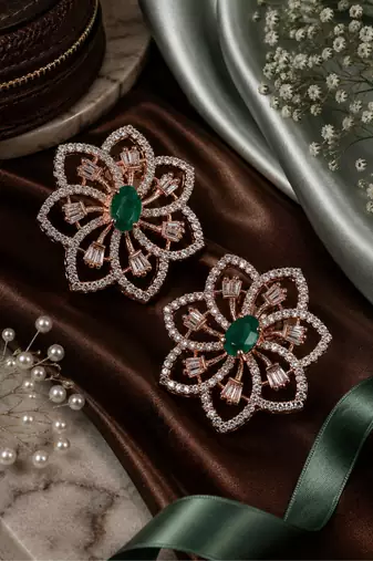 Rose gold finish emerald floral earrings