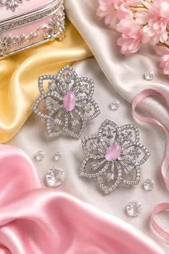 Rhodium finish pink floral earrings